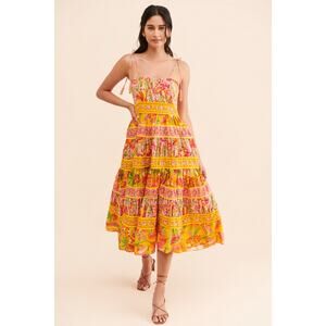 FARM Rio Yellow Pink Floral Tiered Midi Dress